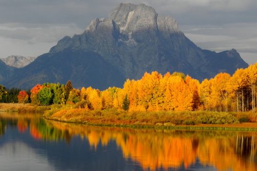 autumn trees reflecting in lake beneath mountain peak