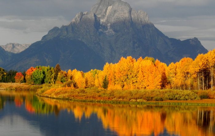autumn trees reflecting in lake beneath mountain peak